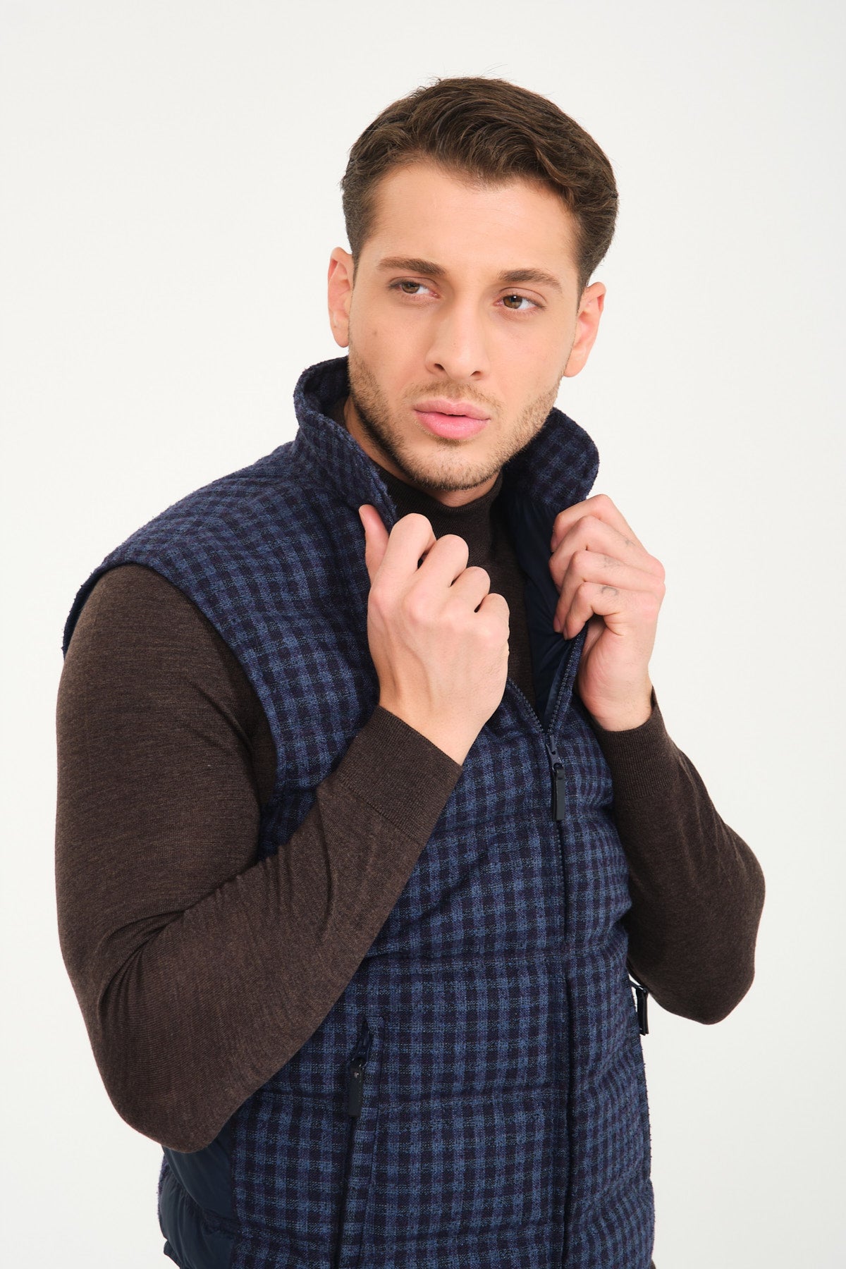 Dark Blue Plaid Pattern Wool Vest