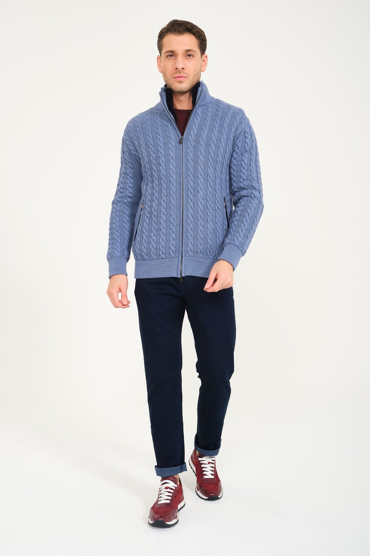 Light Blue Wool & Rex Fur Knit Cardigan