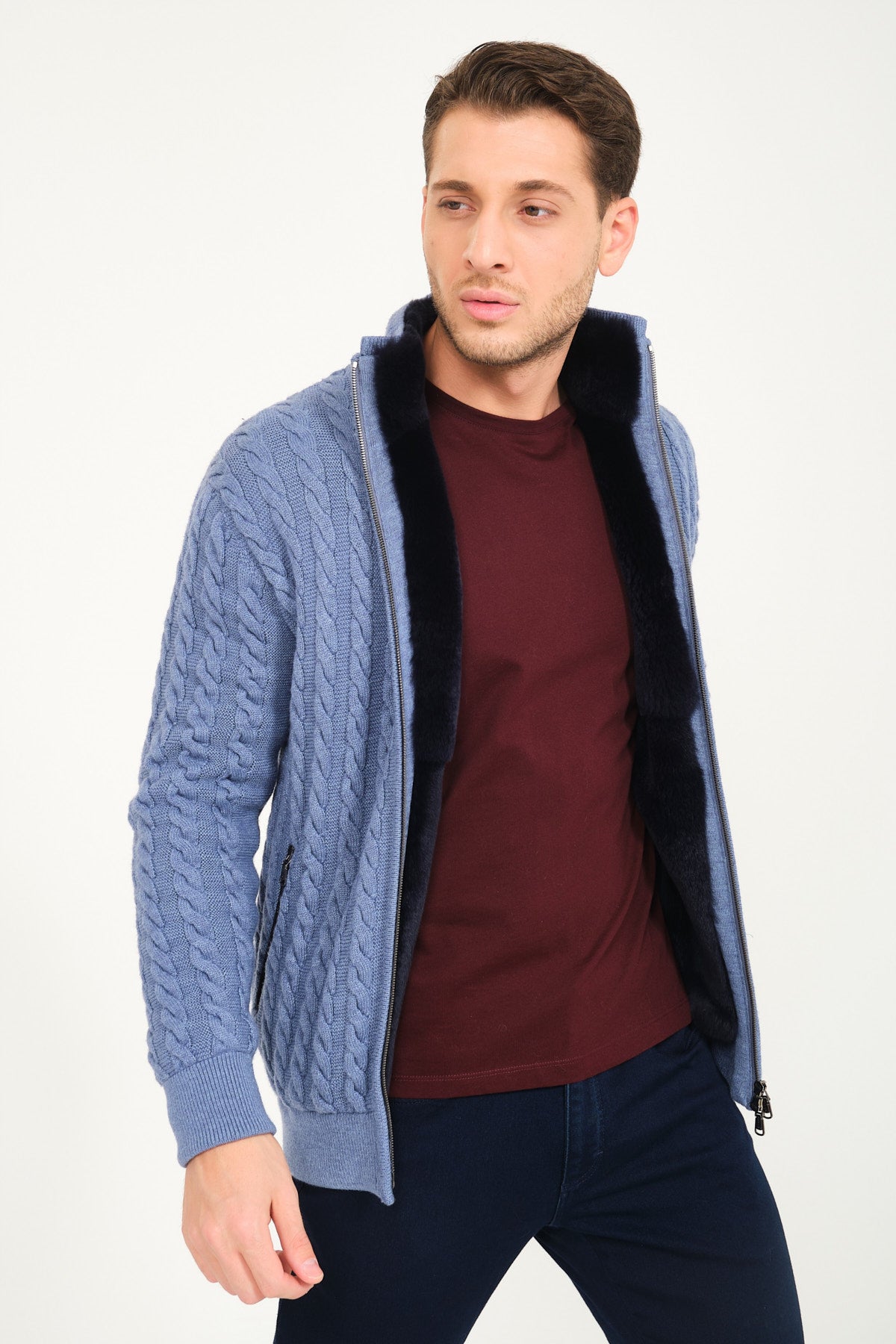 Light Blue Wool & Rex Fur Knit Cardigan