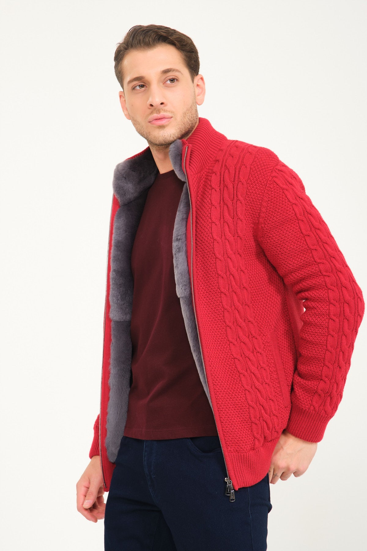 Red Wool & Rex Fur Knit Cardigan - ADAMO