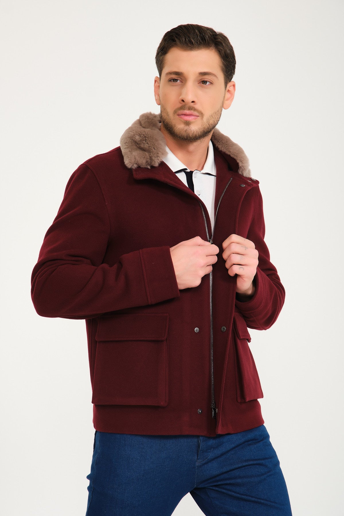 Burgundy fur collar on sale coat