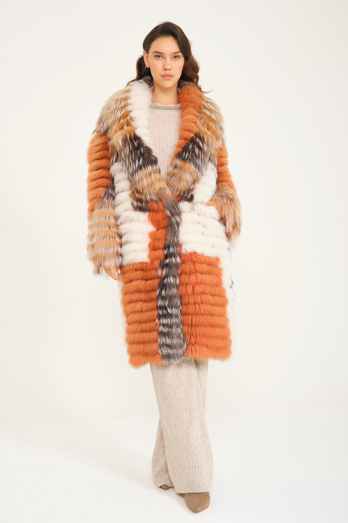 Multicolored Long Silver Fox Fur Coat