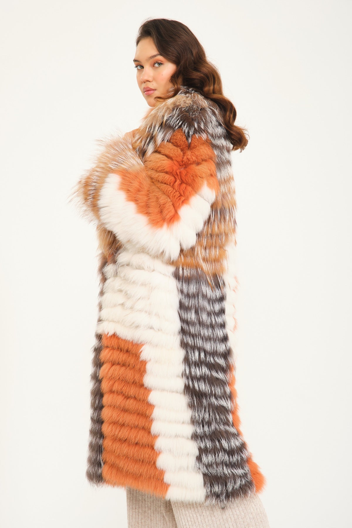 Multicolored Long Silver Fox Fur Coat
