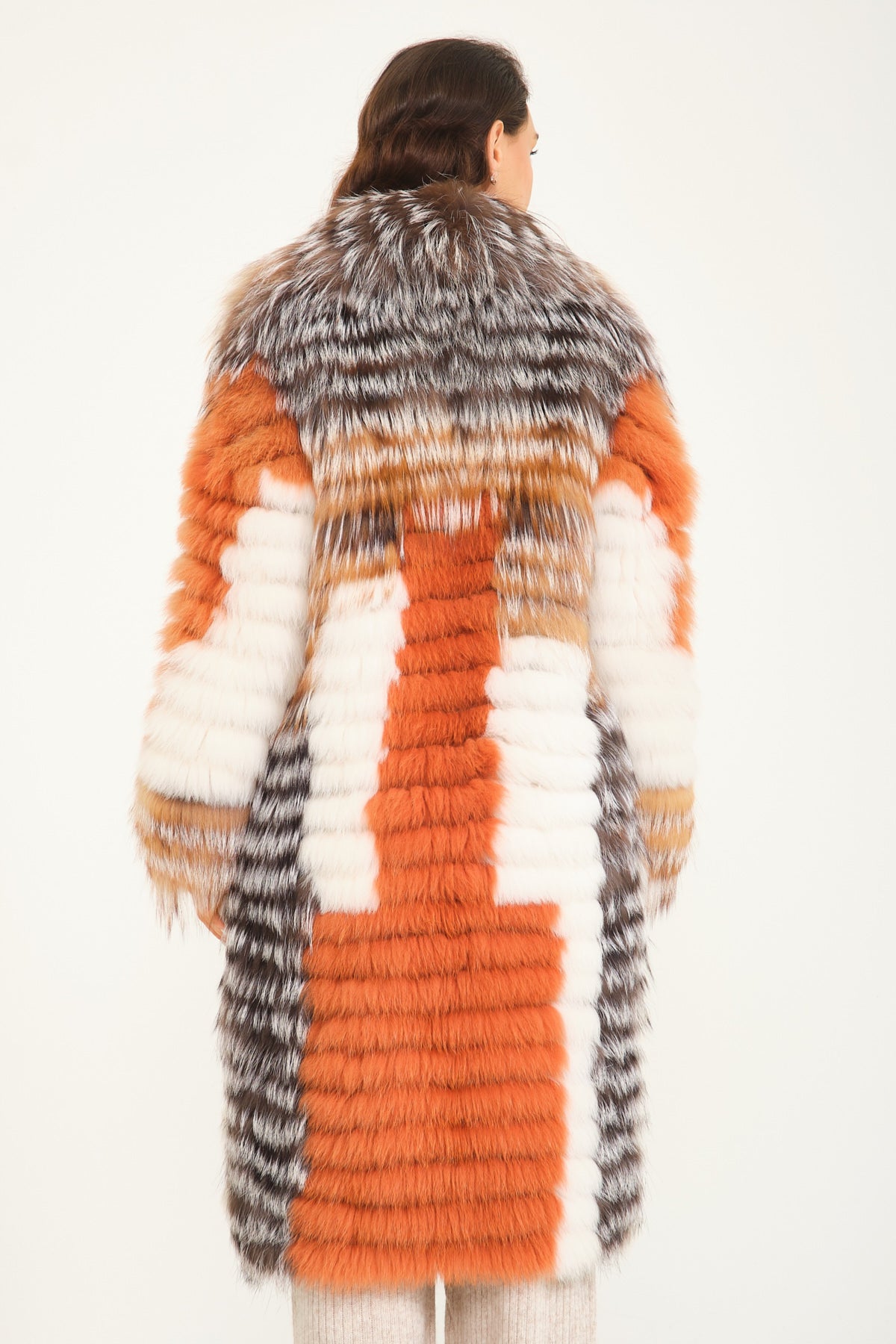 Multicolored Long Silver Fox Fur Coat