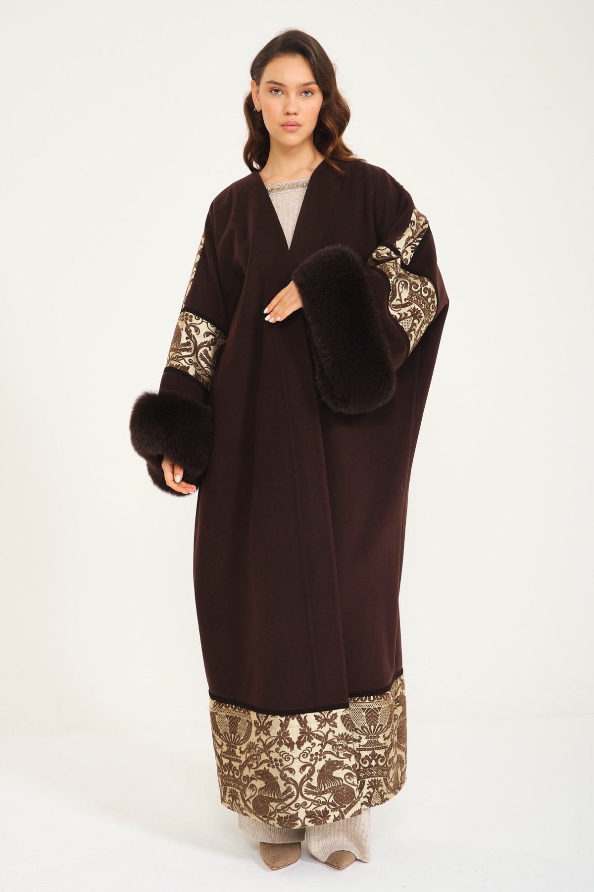 Brown Wool & Fox Fur Abaya