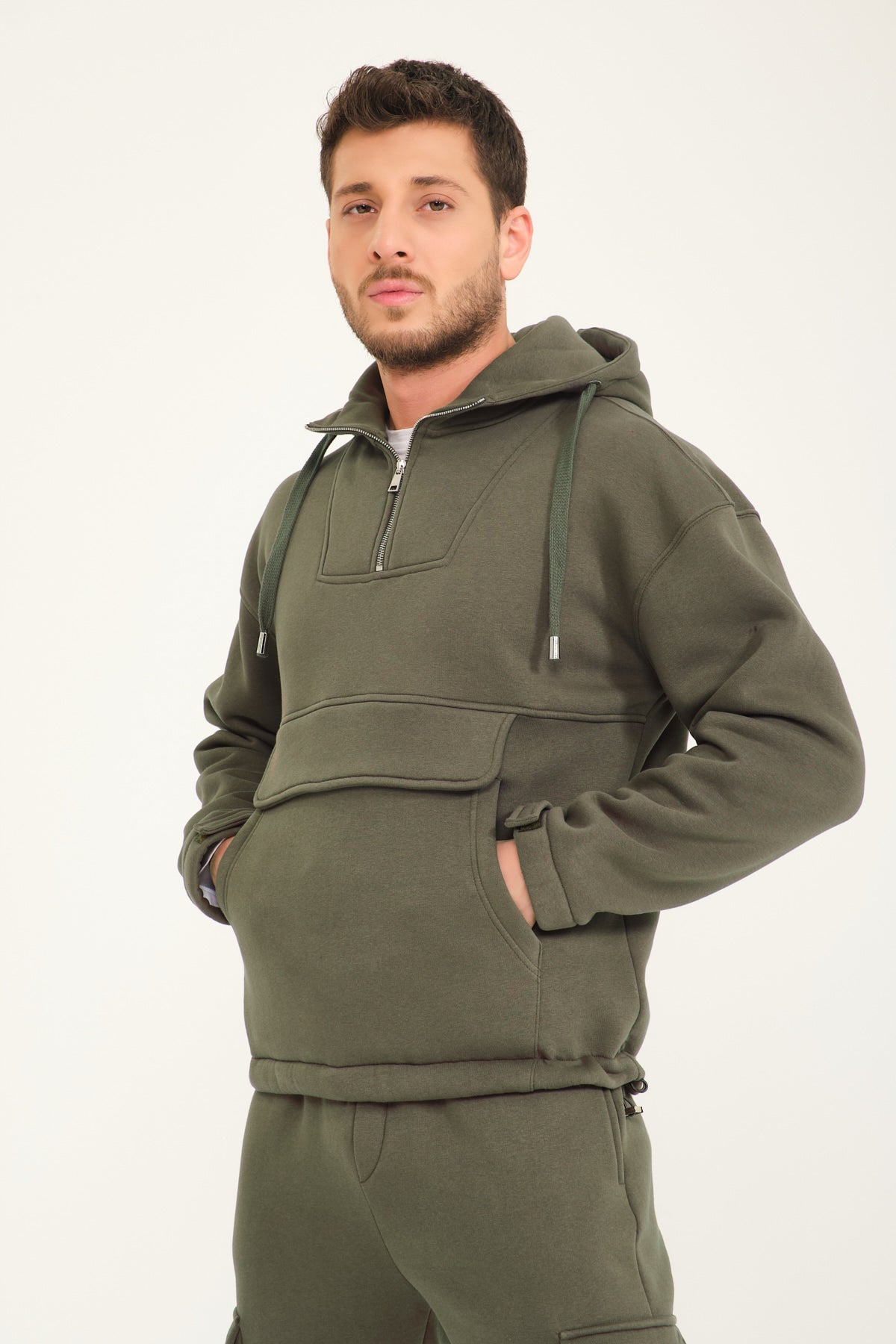 Khaki Half Zip Hoodie Jogger Set ADAMO