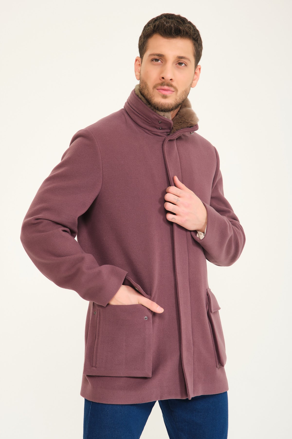 Burgundy Wool Rex Fur Jacket