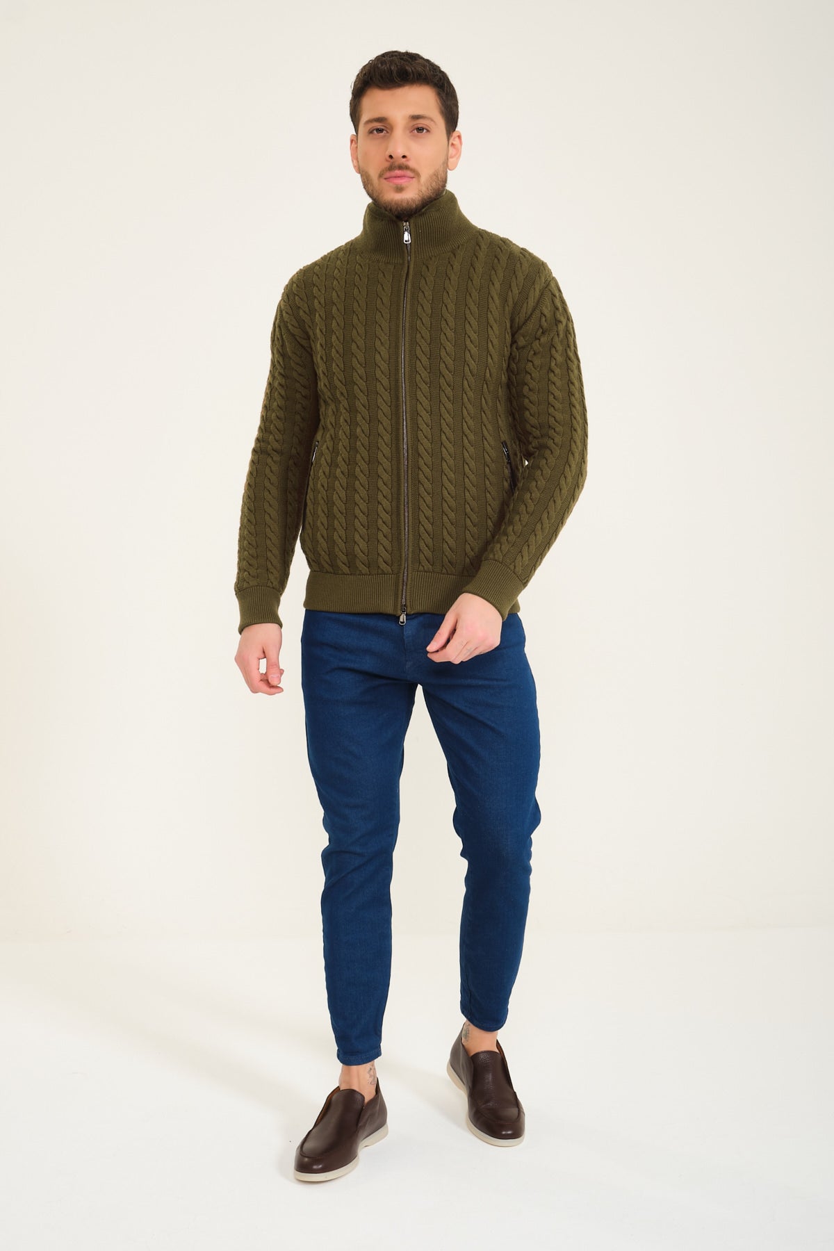 Brown Wool & Rex Fur Knit Cardigan