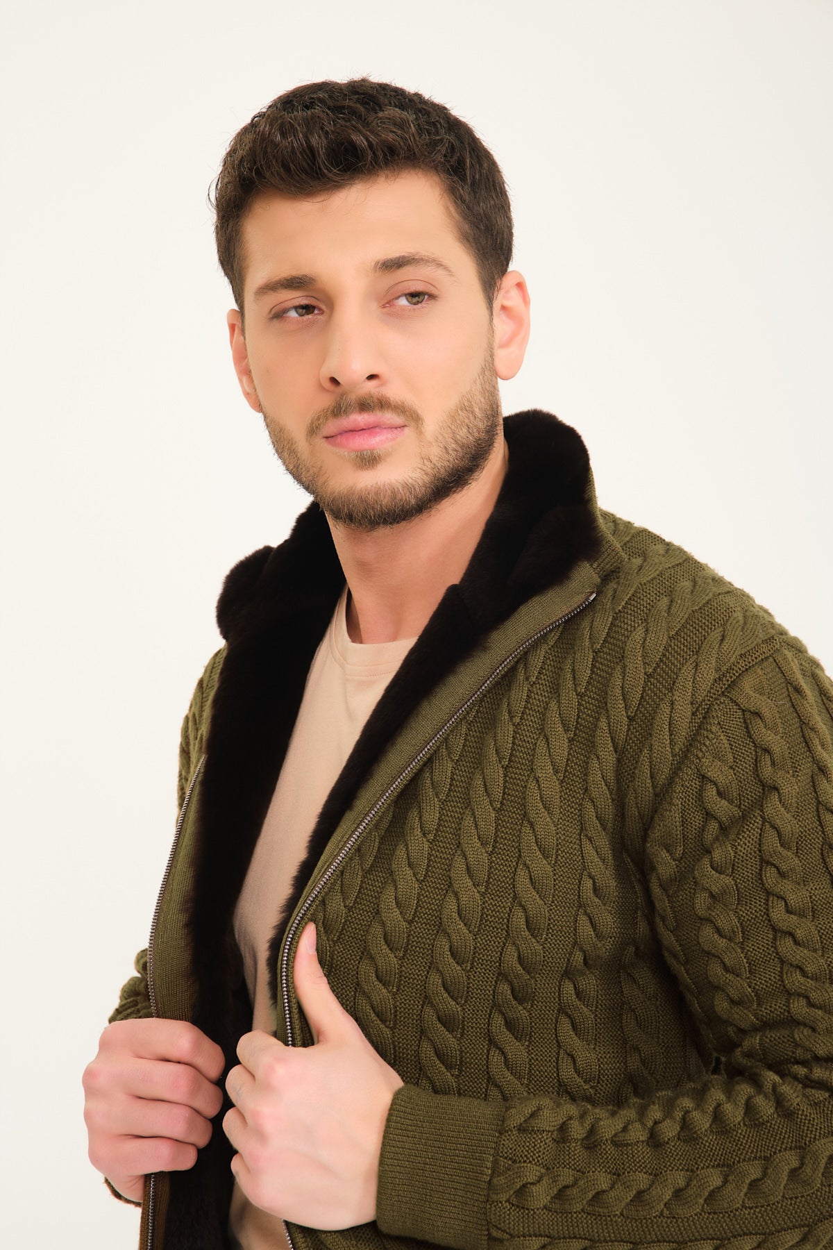 Brown Wool & Rex Fur Knit Cardigan