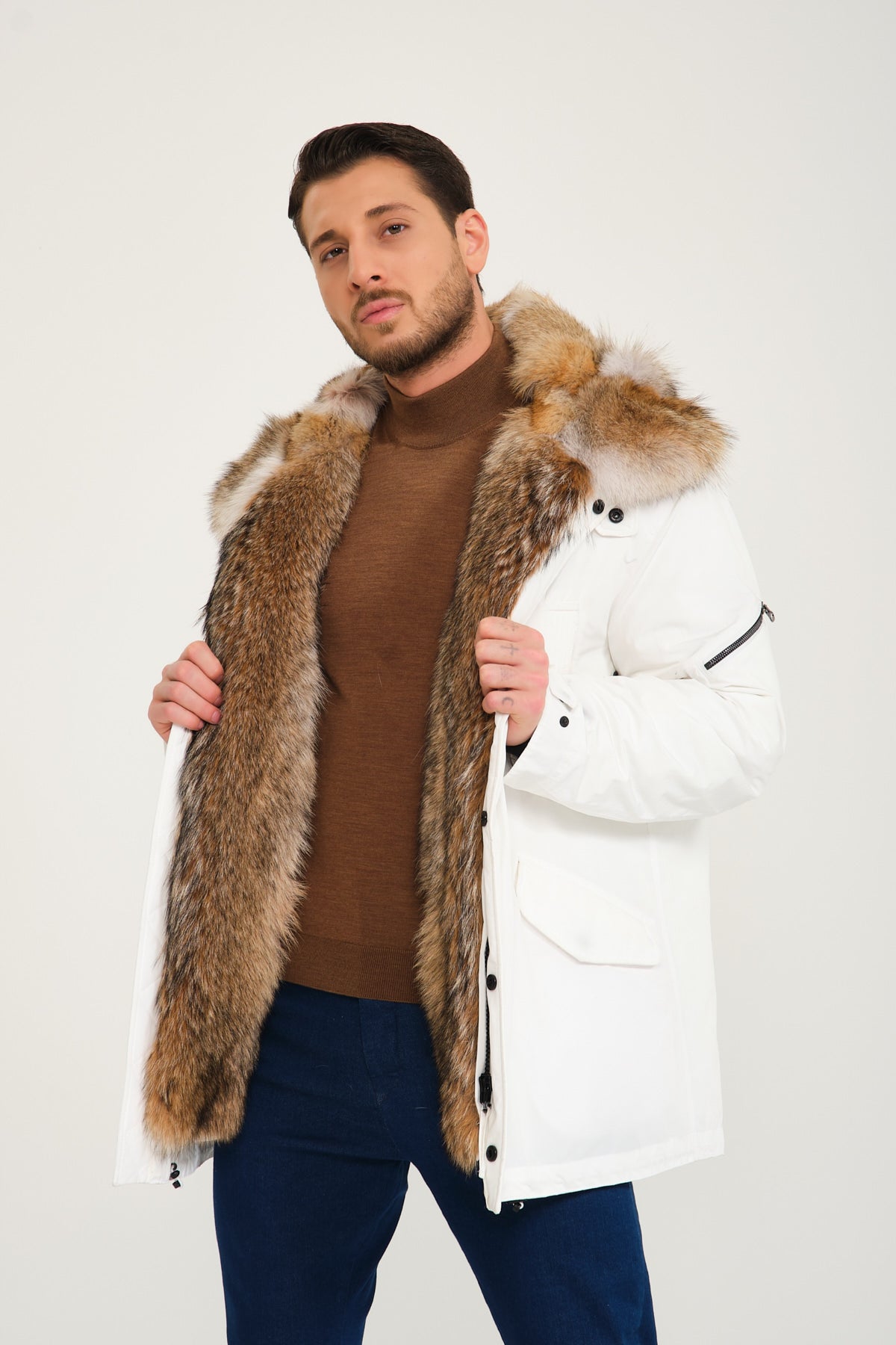 Mens white fluffy on sale jacket