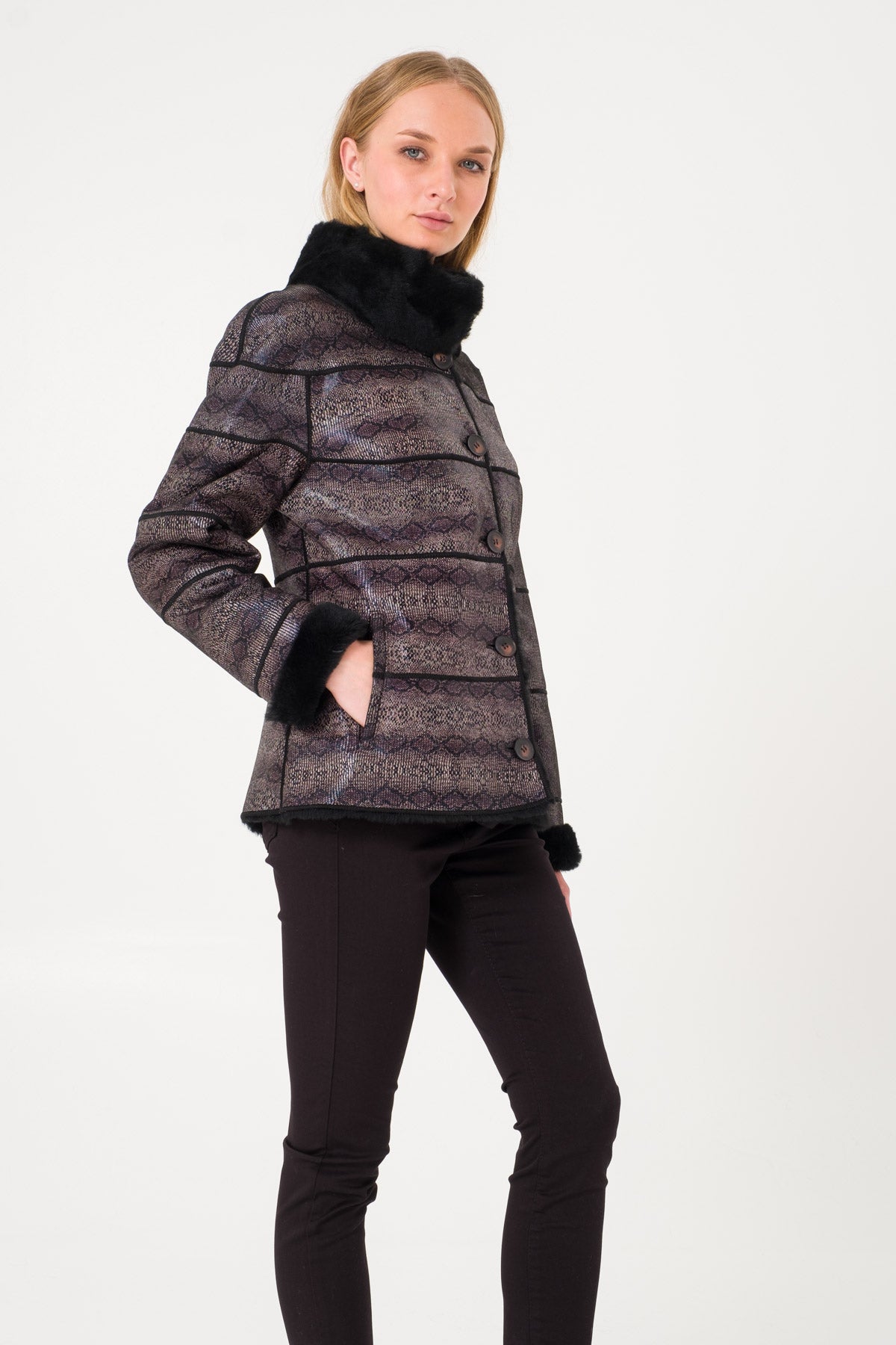 Black Reptile Print Leather Jacket