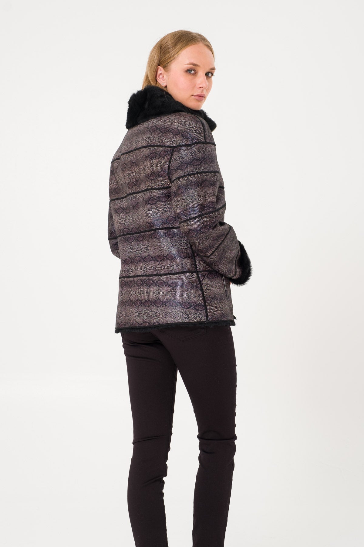 Black Reptile Print Leather Jacket