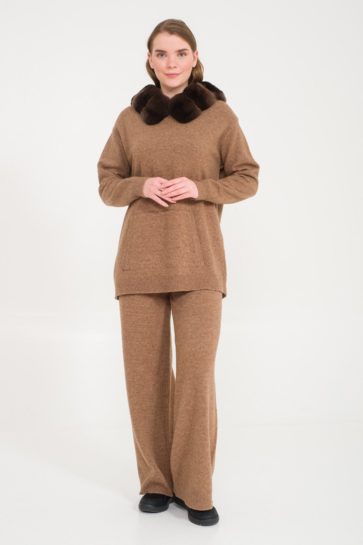 Light Brown Chinchilla Fur Lined Hoodie & Pants Set