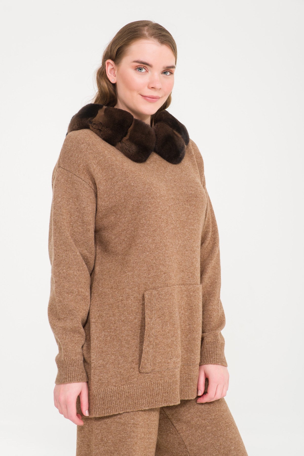 Light Brown Chinchilla Fur Lined Hoodie & Pants Set