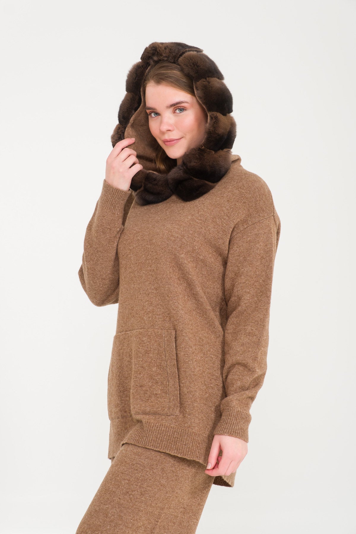 Light Brown Chinchilla Fur Lined Hoodie & Pants Set