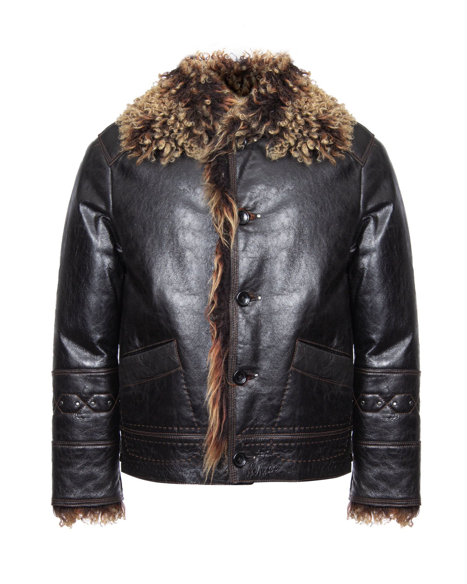 Short leather jacket on sale with fur collar