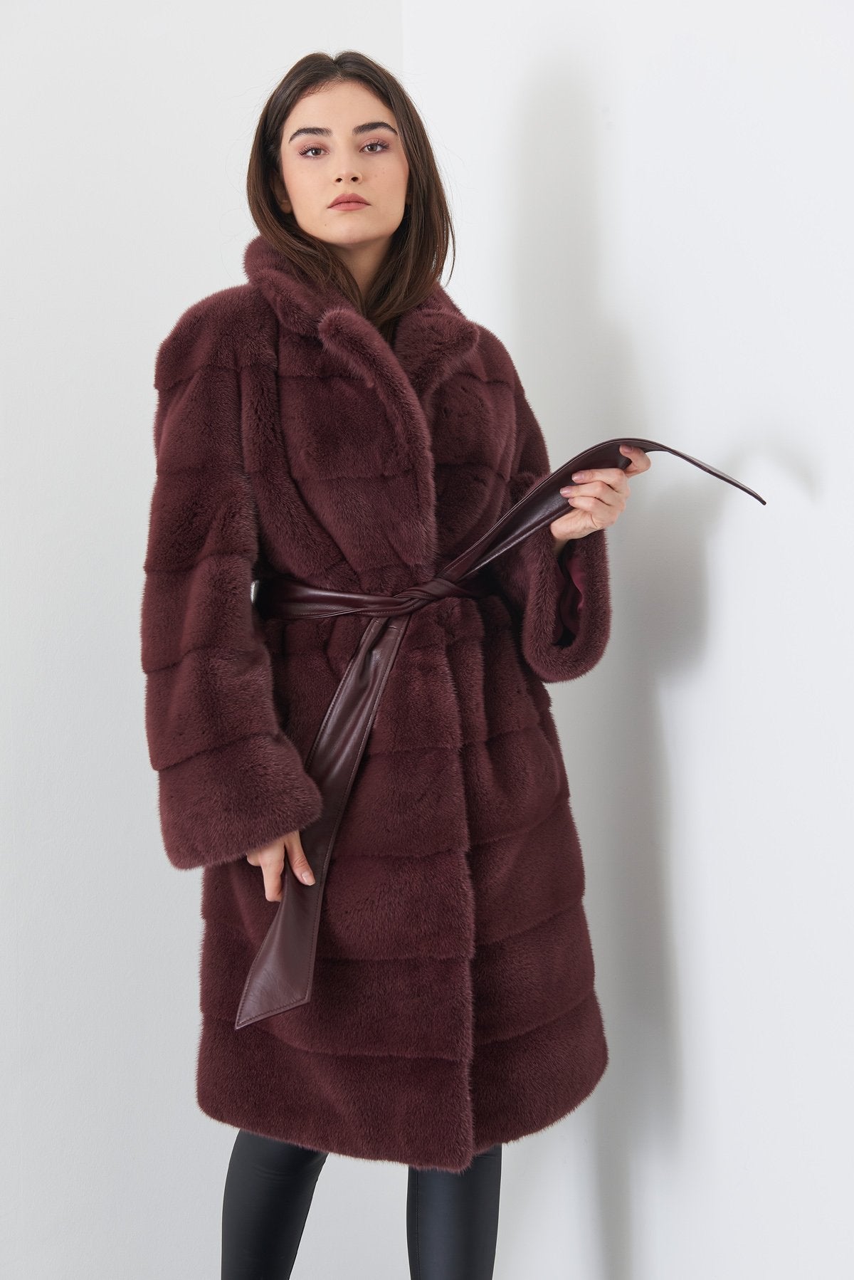 Burgundy Long Mink Fur Coat
