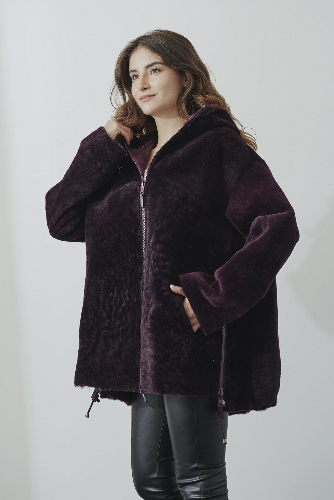Claret Red Shearling Fur Coat