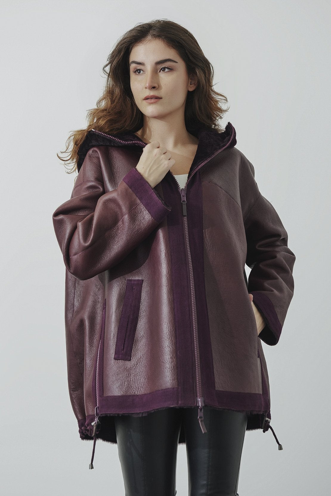 Claret Red Shearling Fur Coat