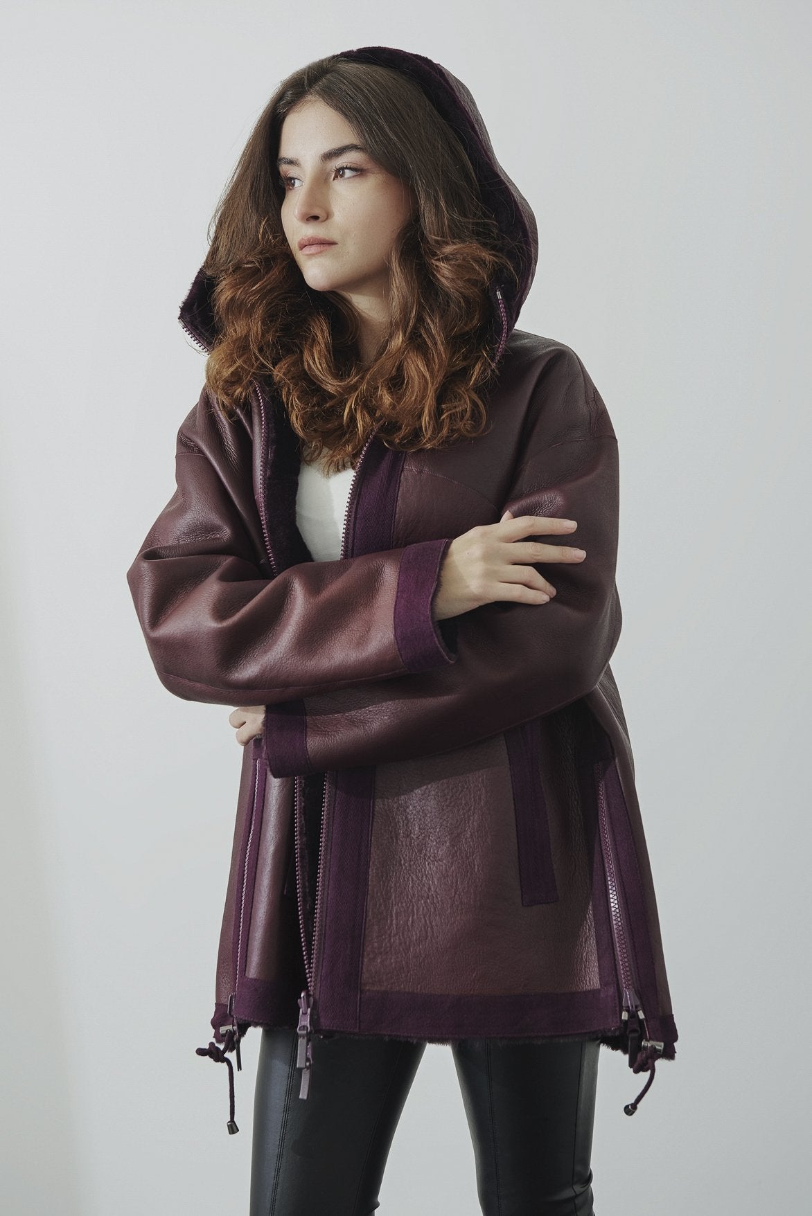 Claret Red Shearling Fur Coat