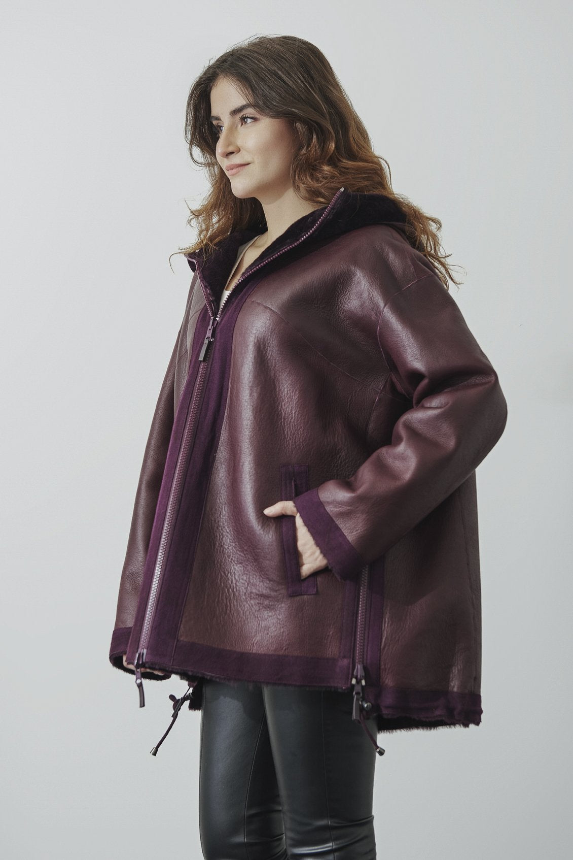 Claret Red Shearling Fur Coat