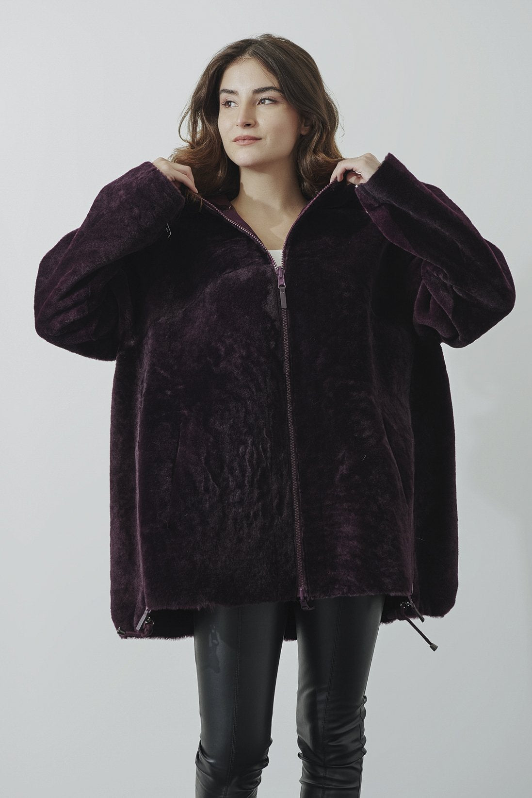 Claret Red Shearling Fur Coat