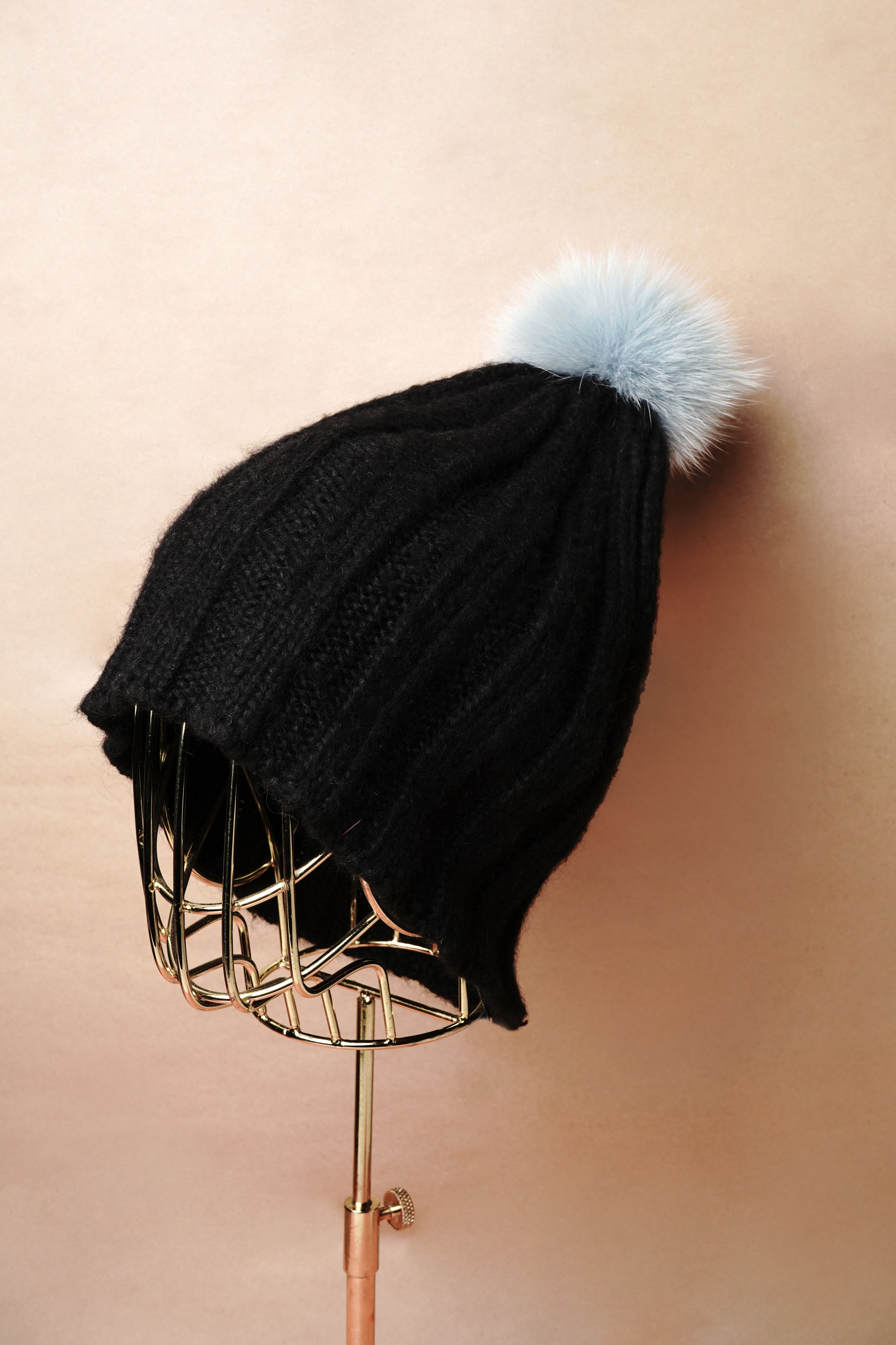 Black Wool & Fox Fur Beret