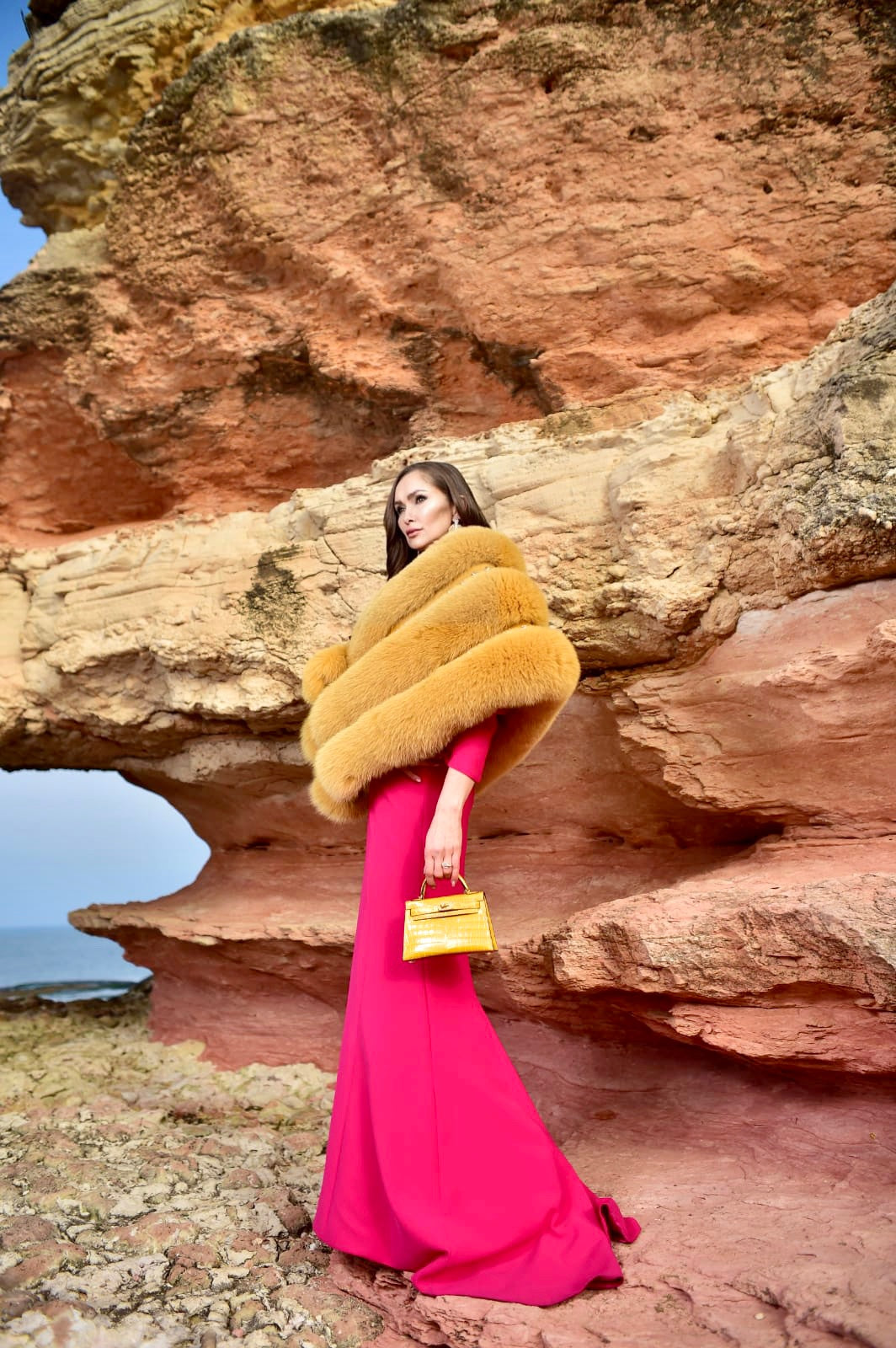 Swarovski Design Camel Color Fox Fur Shawl