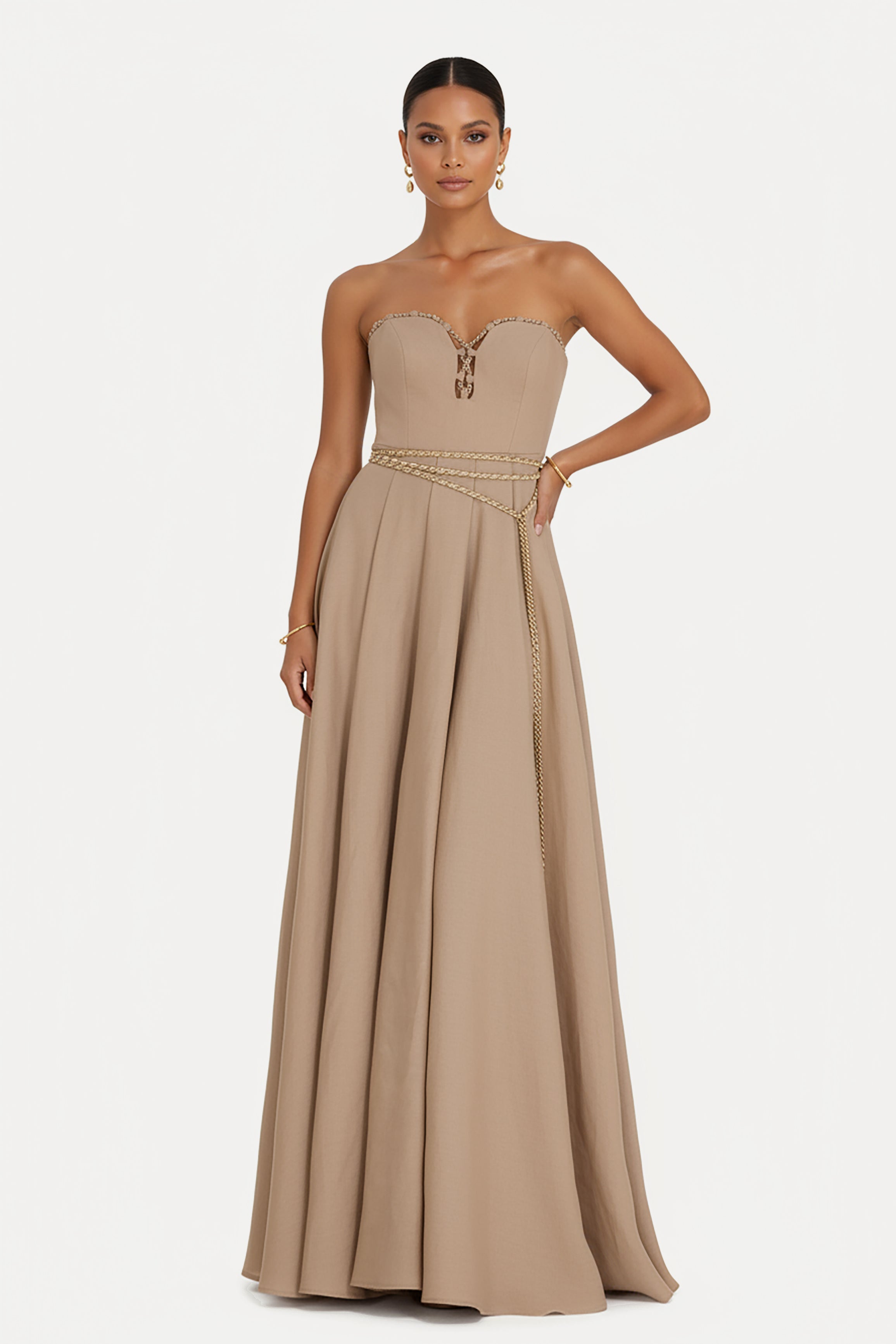 Strapless Linen Gown with Gold Chain