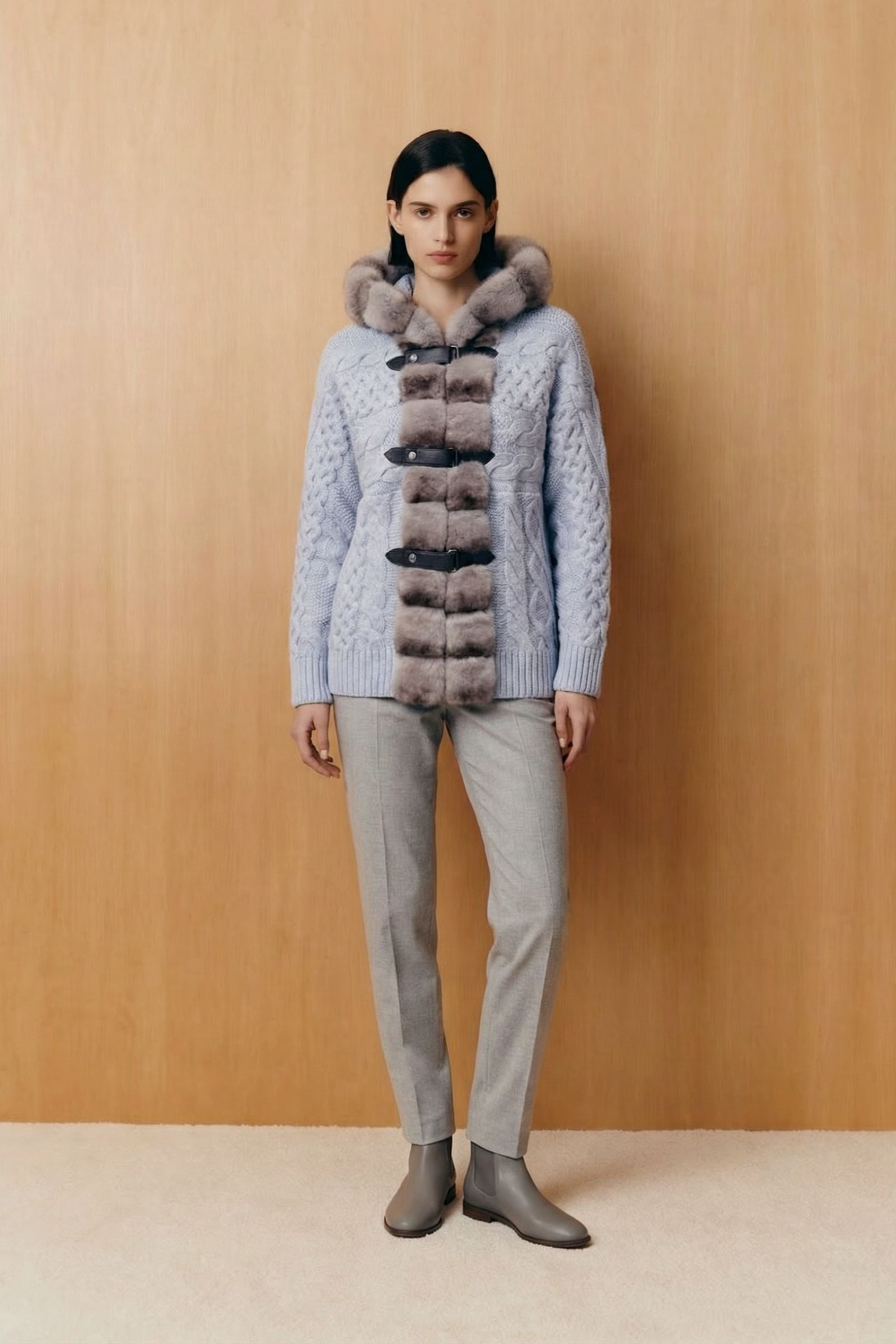 Alverra Rex Fur Hooded Knit Cardigan