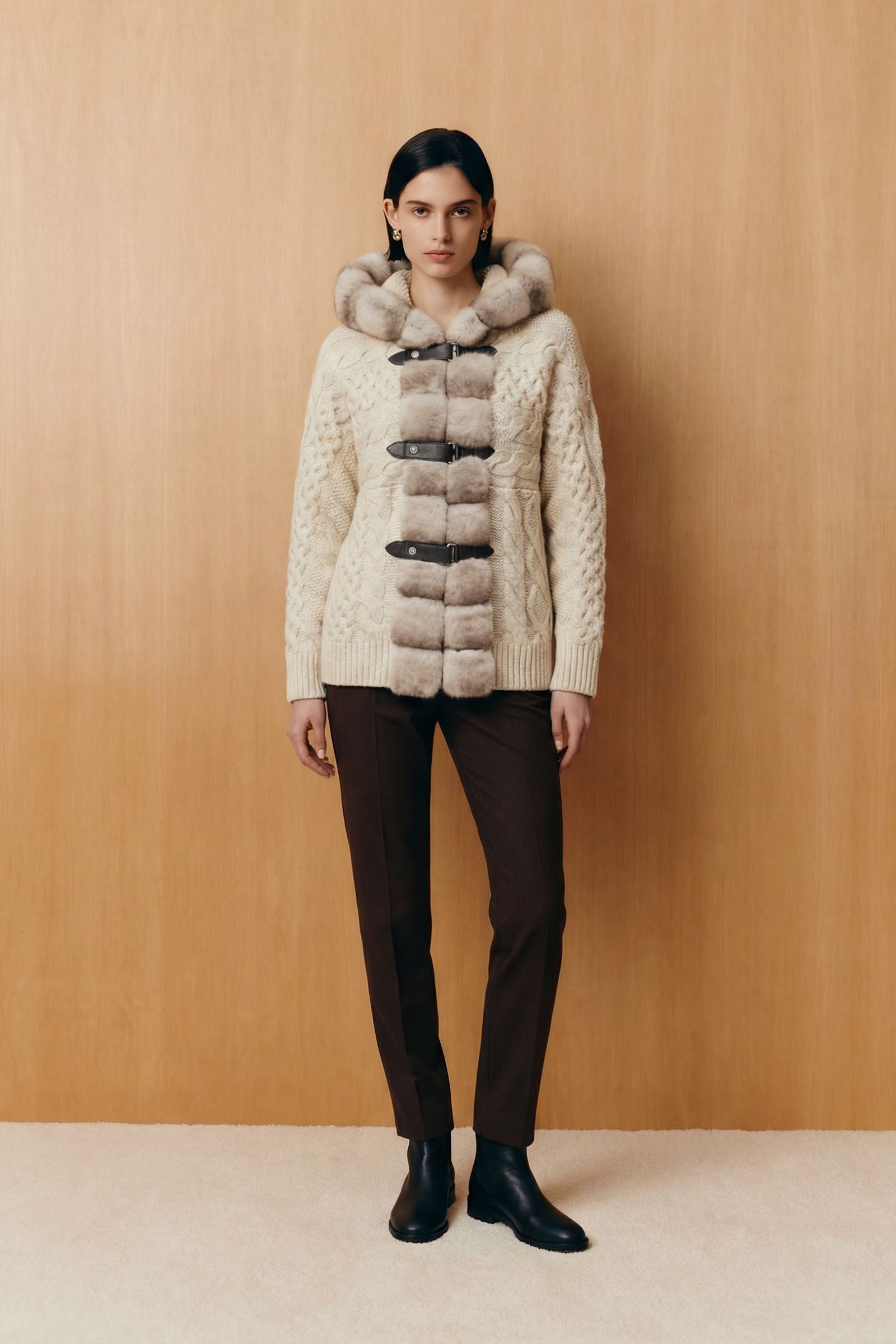 Alverra Rex Fur Hooded Knit Cardigan