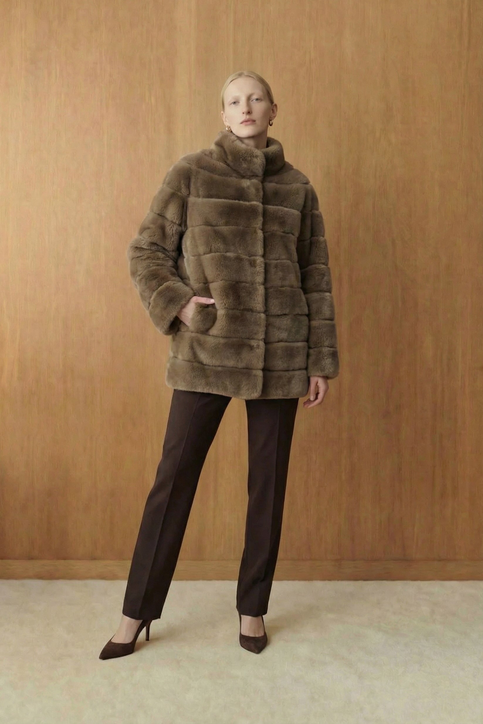 Celestia Light Brown Rex Fur Jacket