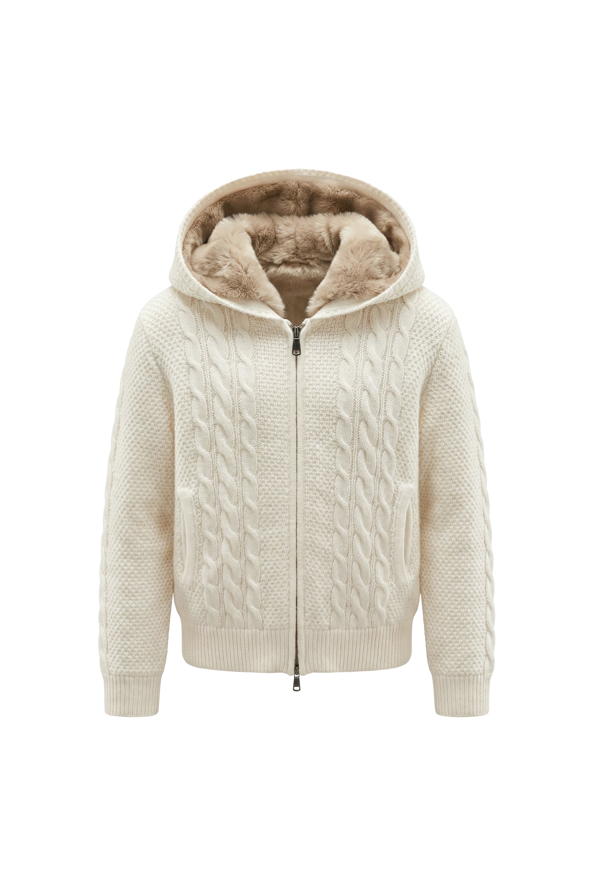 Ecru Cashmere & Wool Rex Lined Knit Hoodie
