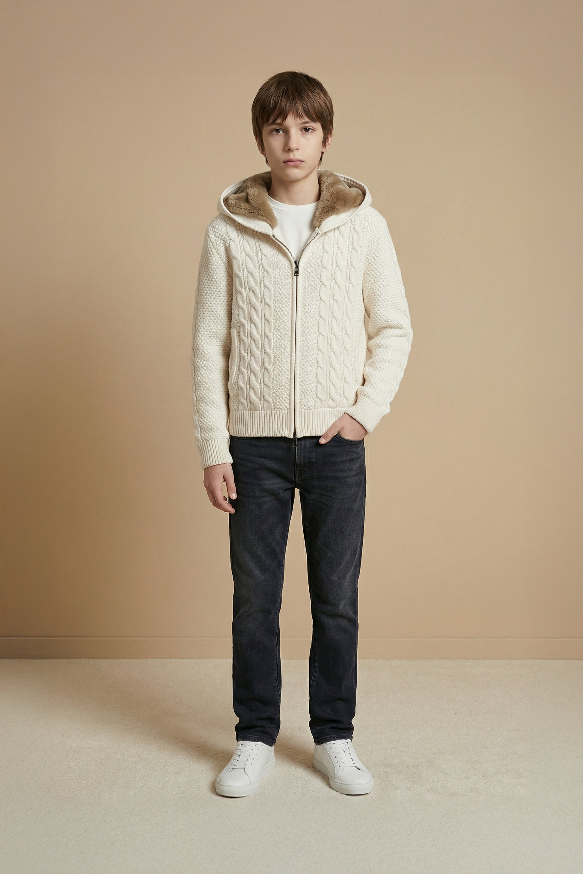 Ecru Cashmere & Wool Rex Lined Knit Hoodie