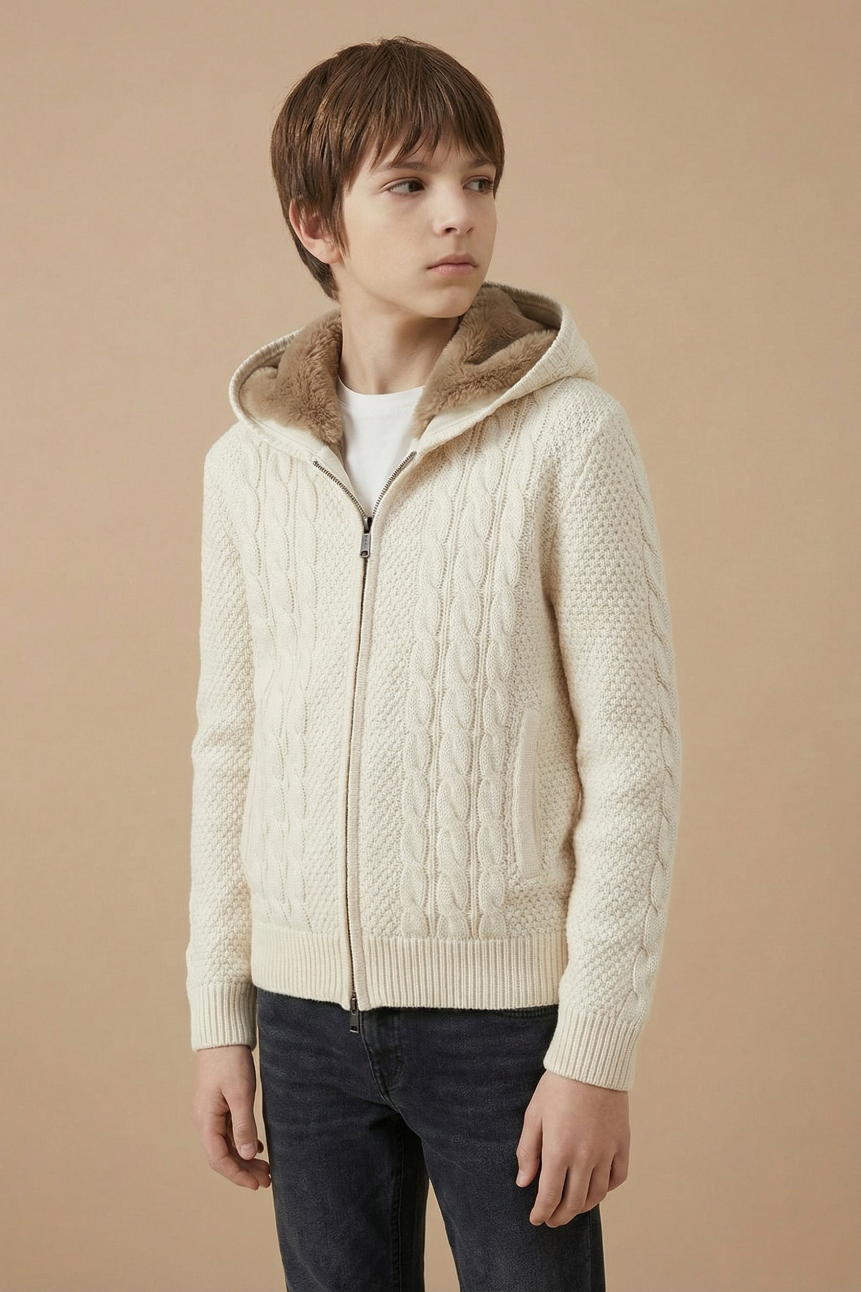 Ecru Cashmere & Wool Rex Lined Knit Hoodie
