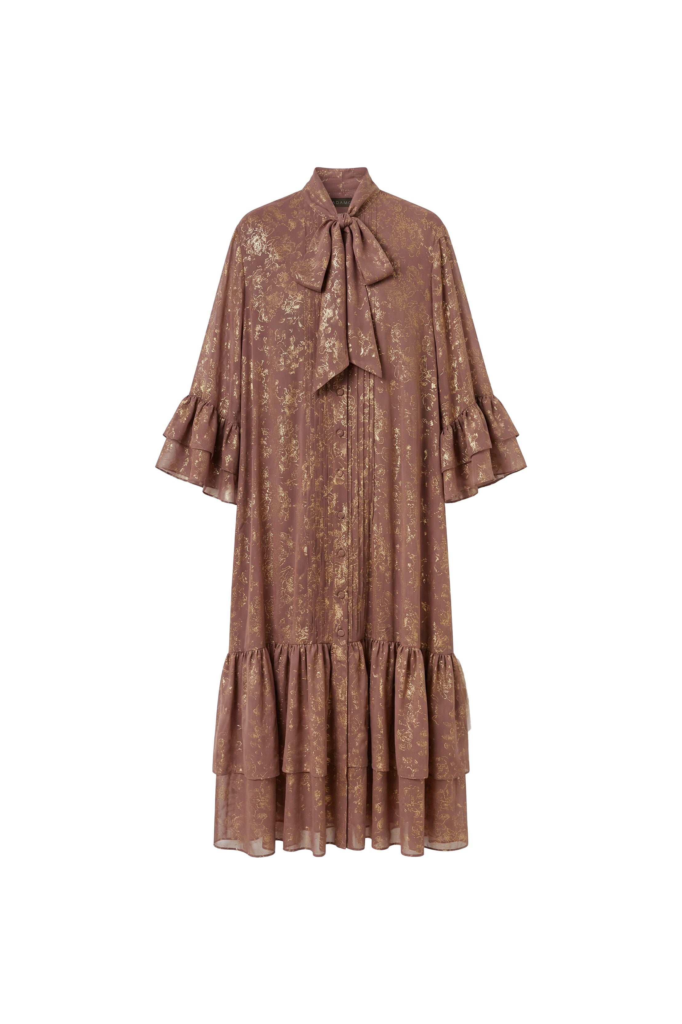 Brown Gold Jacquard Bow Midi Dress