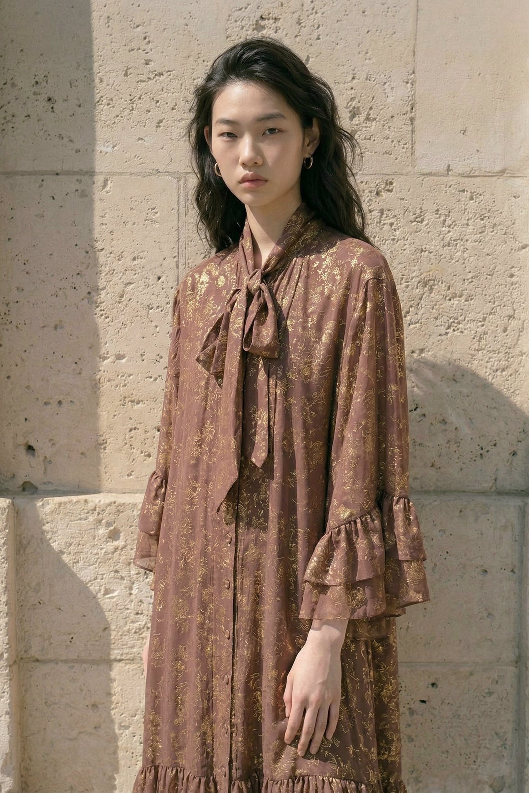 Brown Gold Jacquard Bow Midi Dress