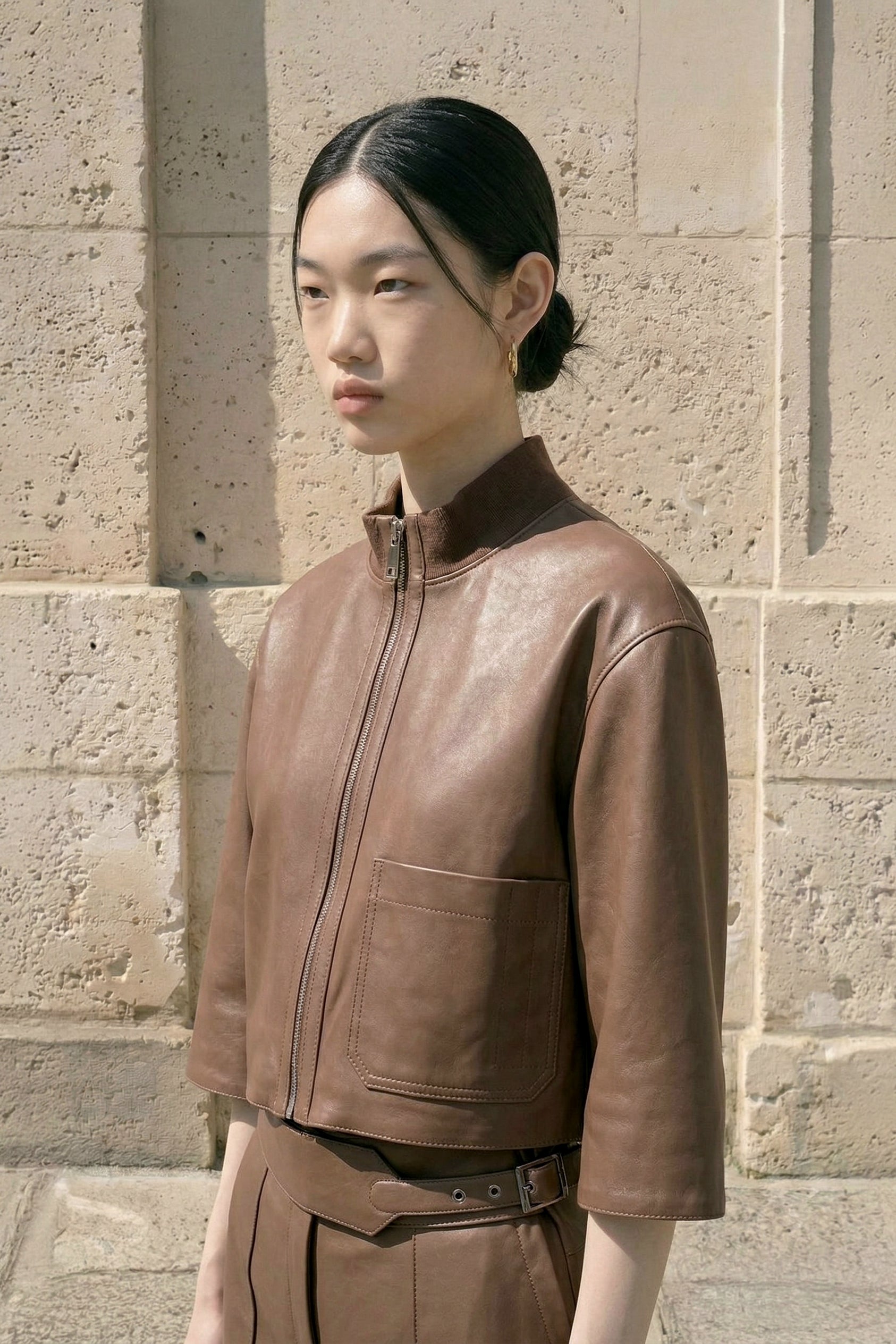 Camel Nappa Lamb Leather Cropped Jacket