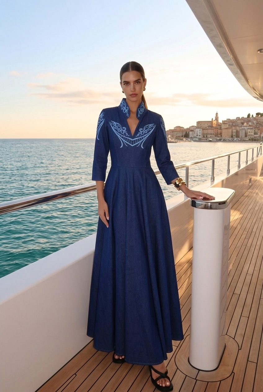 Celeste Embroidered Denim Maxi Dress