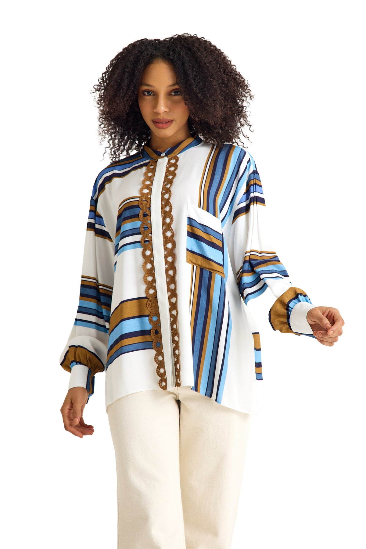 Striped Women's Blouse with Embroidery