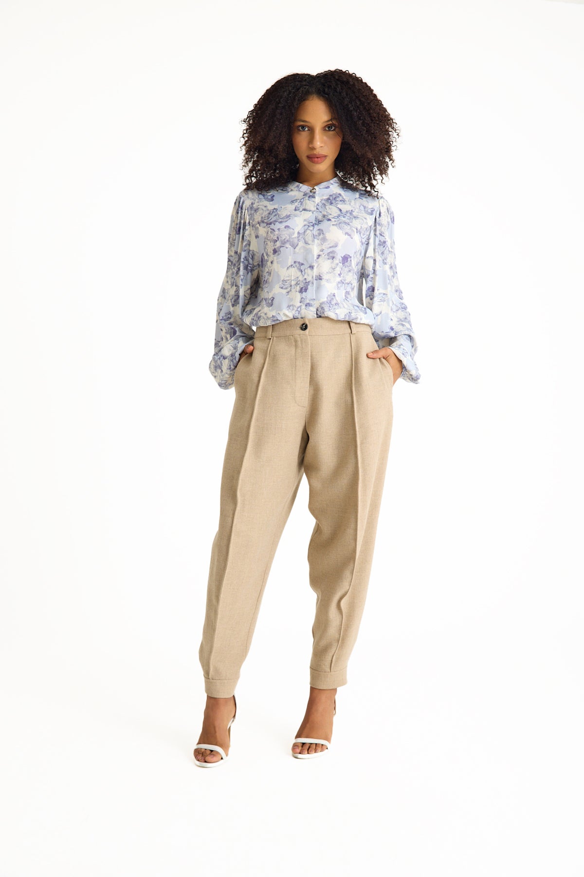 Beige High-Waisted Women's Trousers