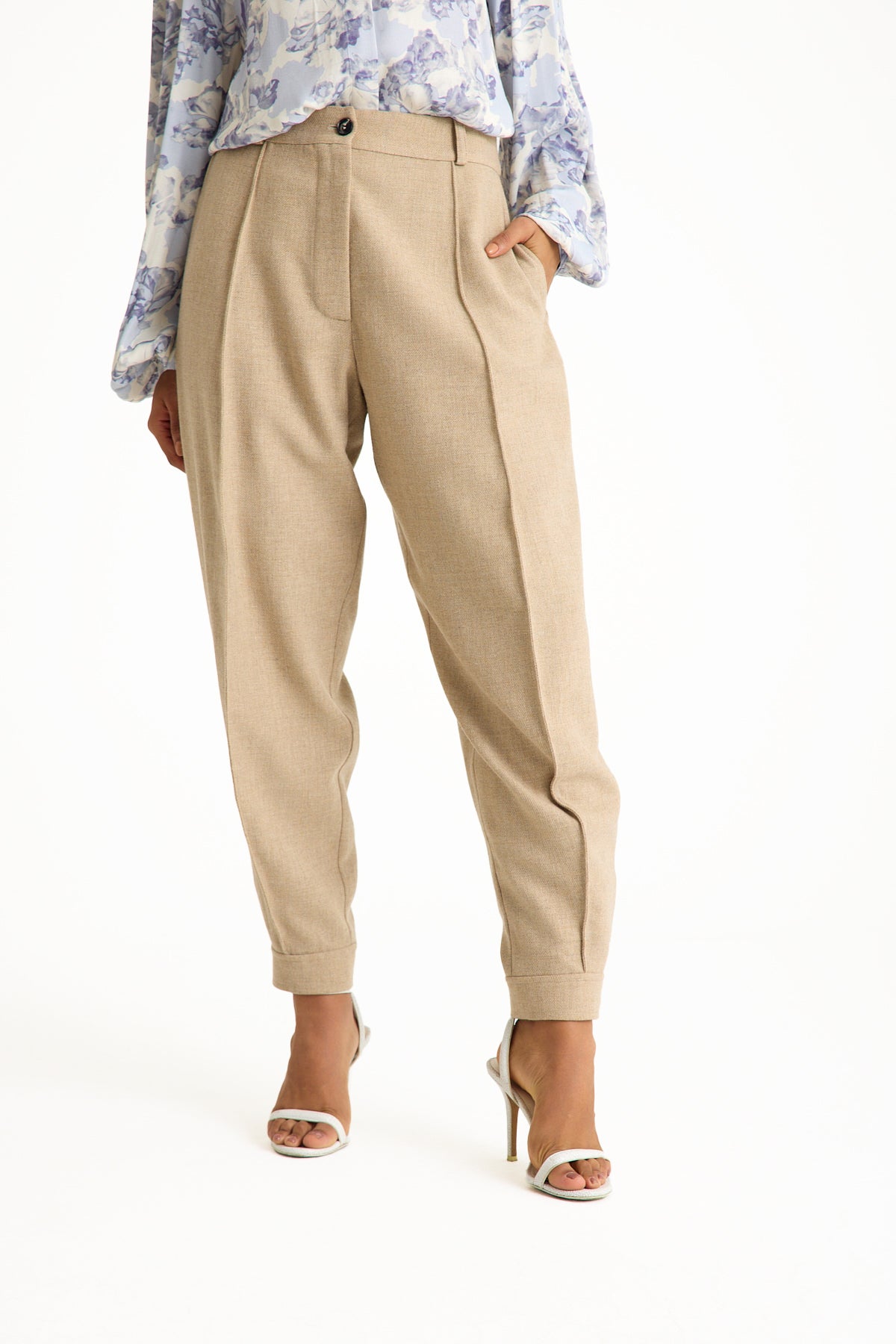 Beige High-Waisted Women's Trousers