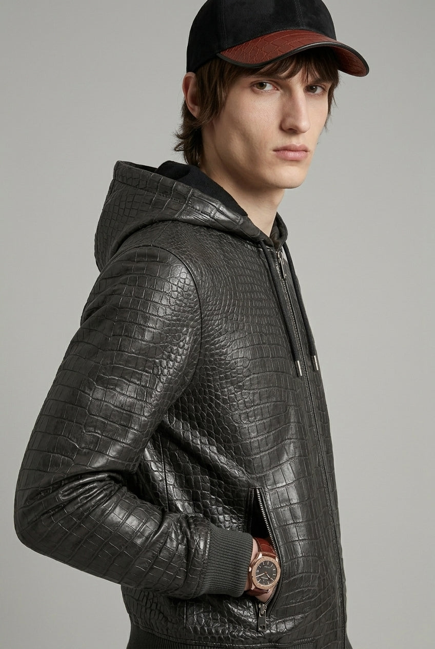 Noir Crocodile Leather Contrast Cap