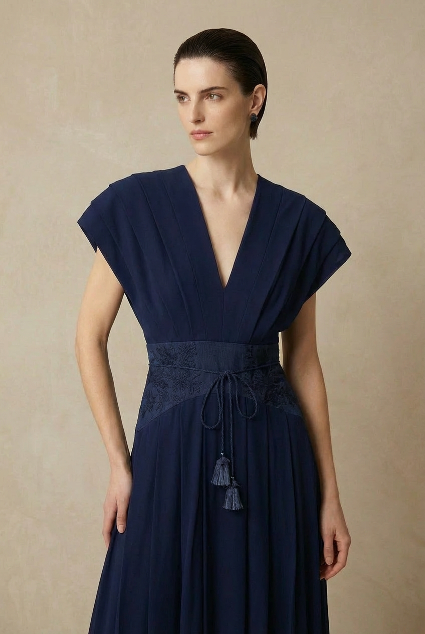 Midnight Navy Pleated V-Neck Dress