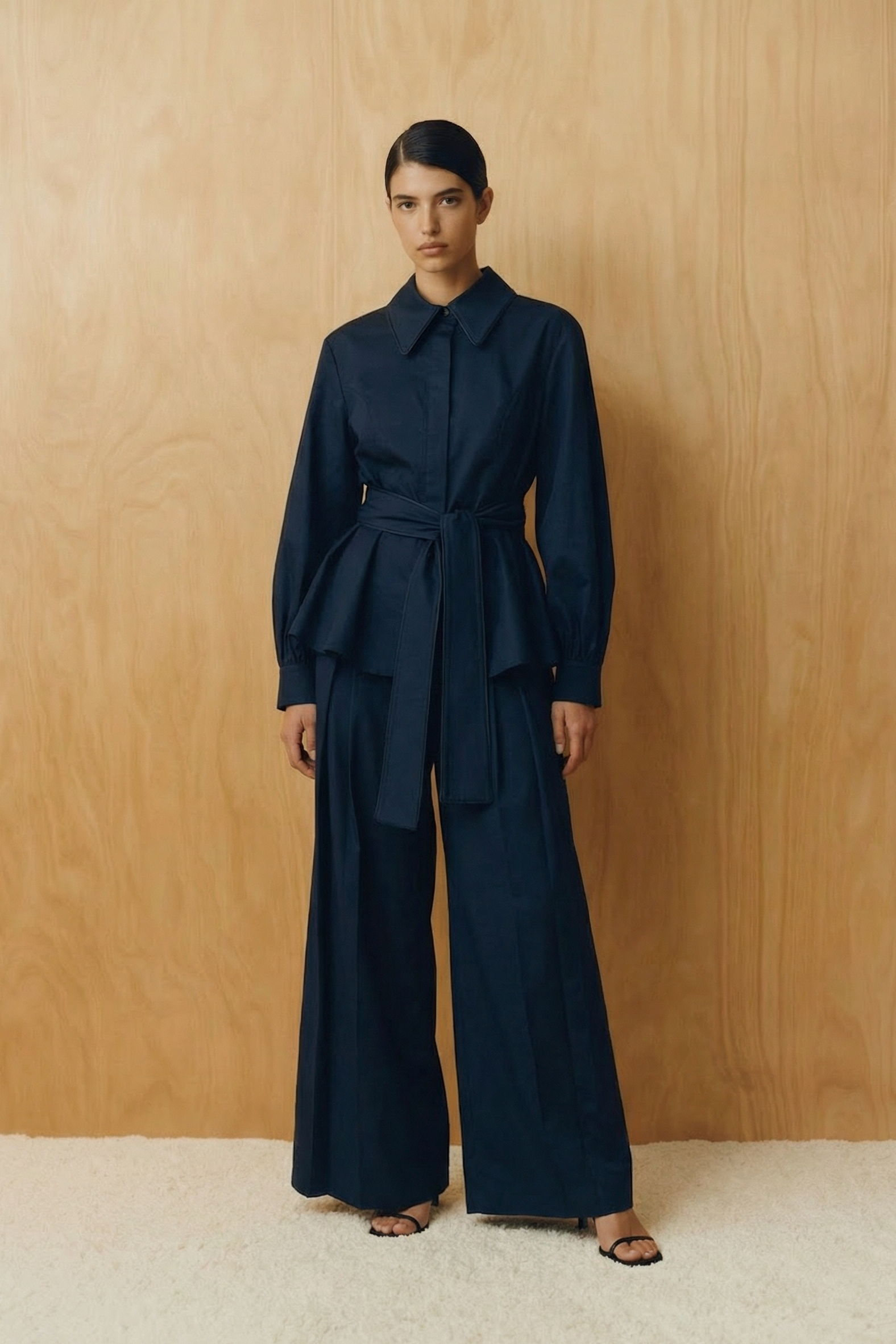 Navy Tailored Belted Cotton Blouse
