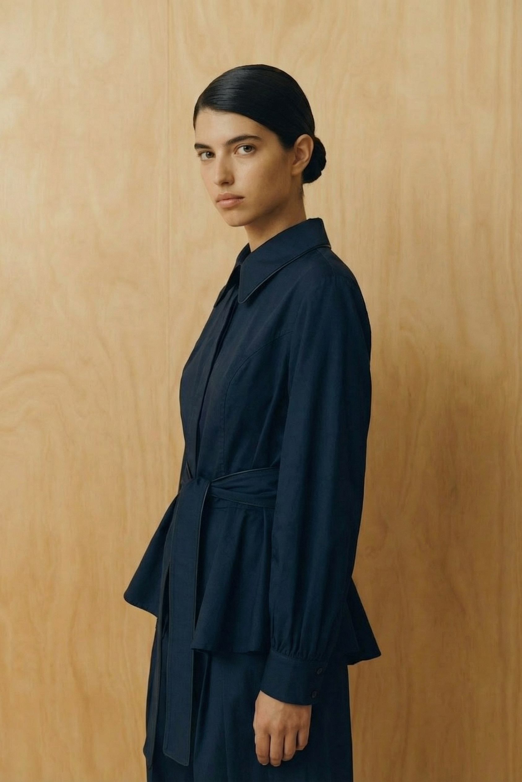 Navy Tailored Belted Cotton Blouse