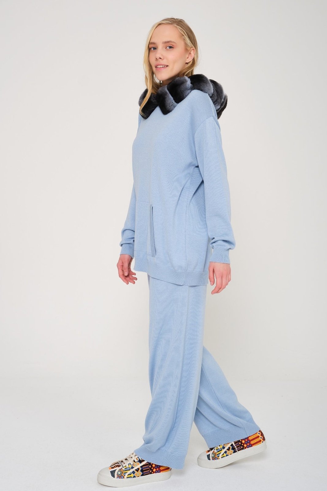 Baby Blue Chinchilla Fur Lined Hoodie & Pants Set - ADAMO