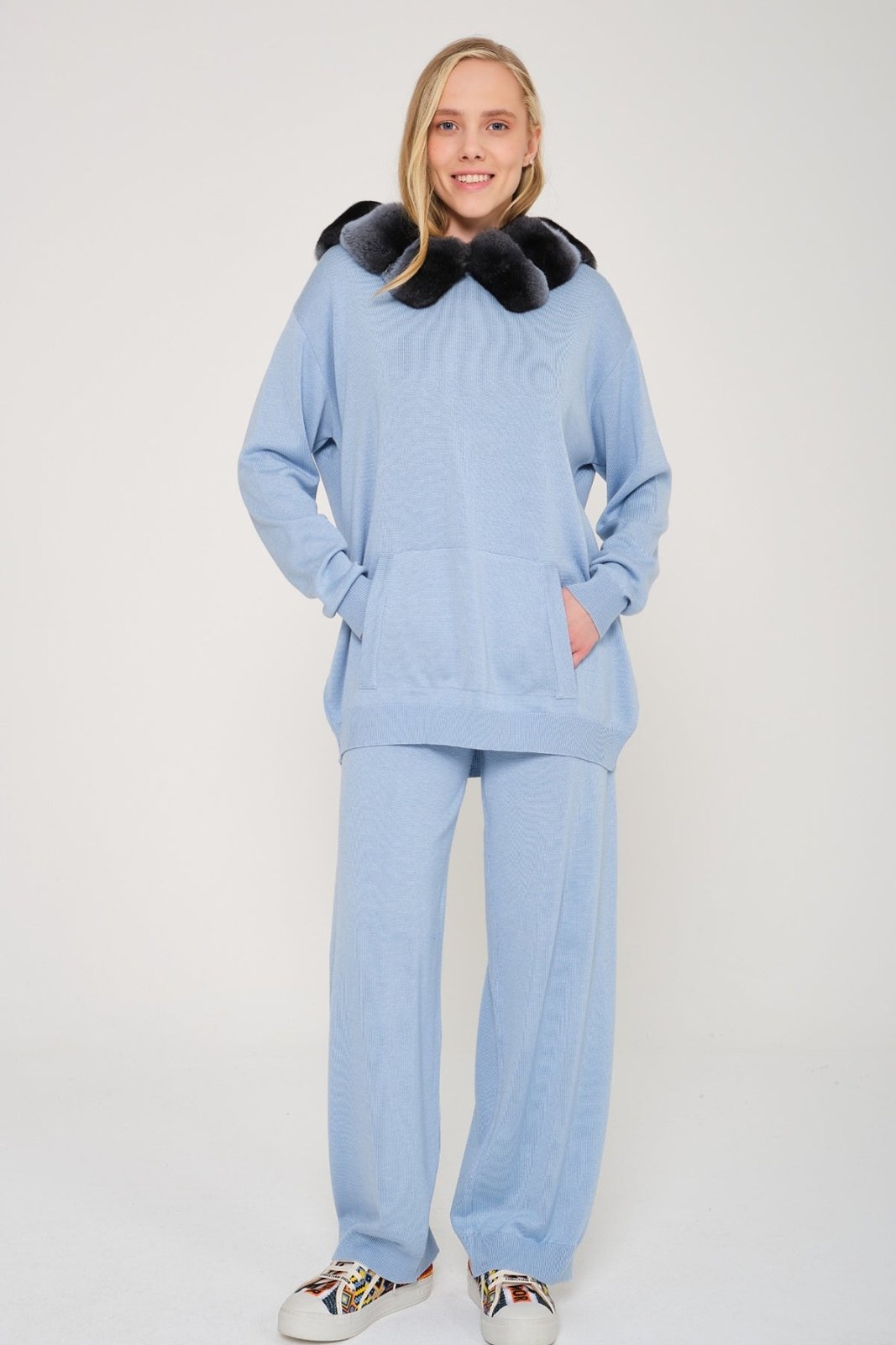 Baby Blue Chinchilla Fur Lined Hoodie & Pants Set - ADAMO