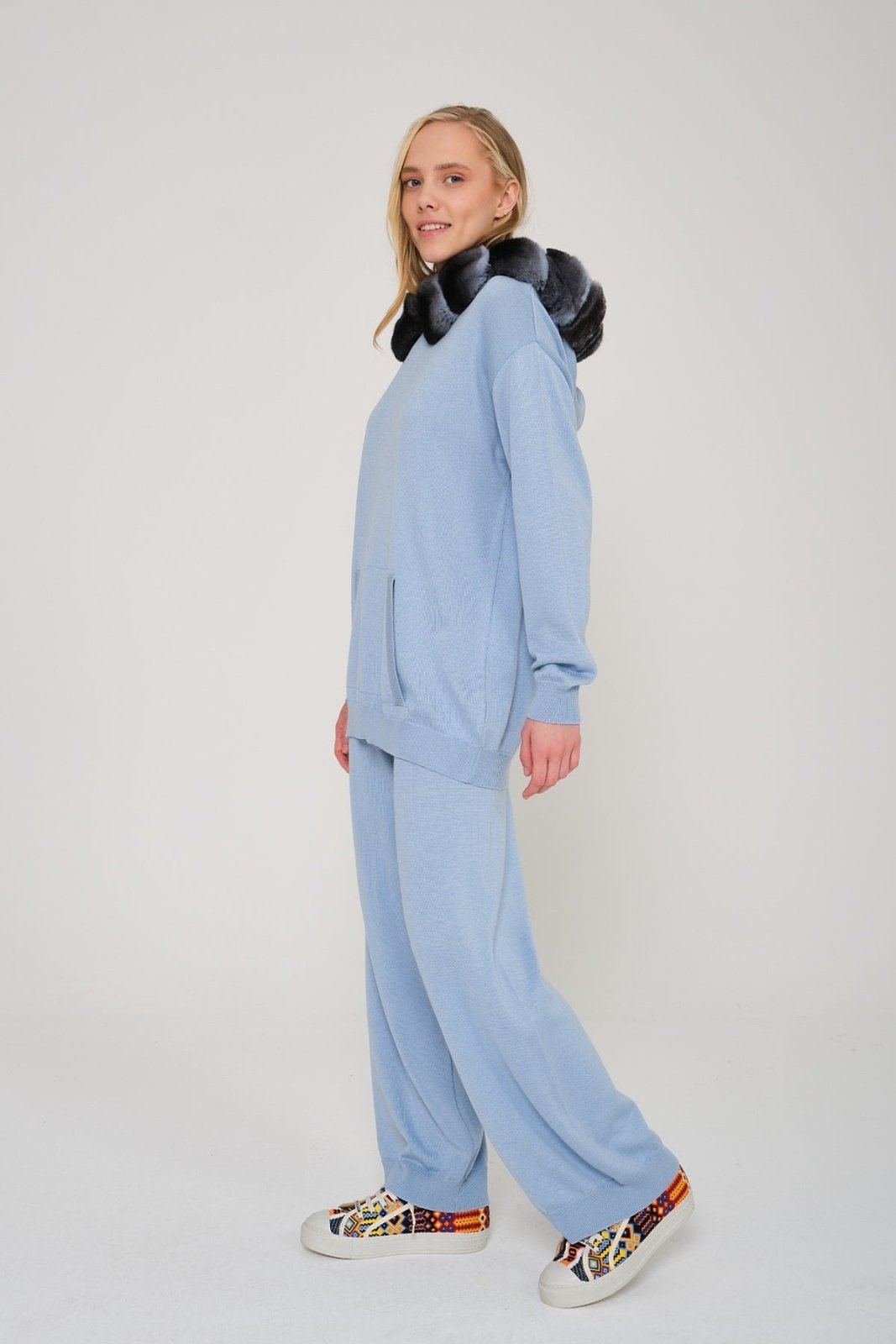 Baby Blue Chinchilla Fur Lined Hoodie & Pants Set - ADAMO