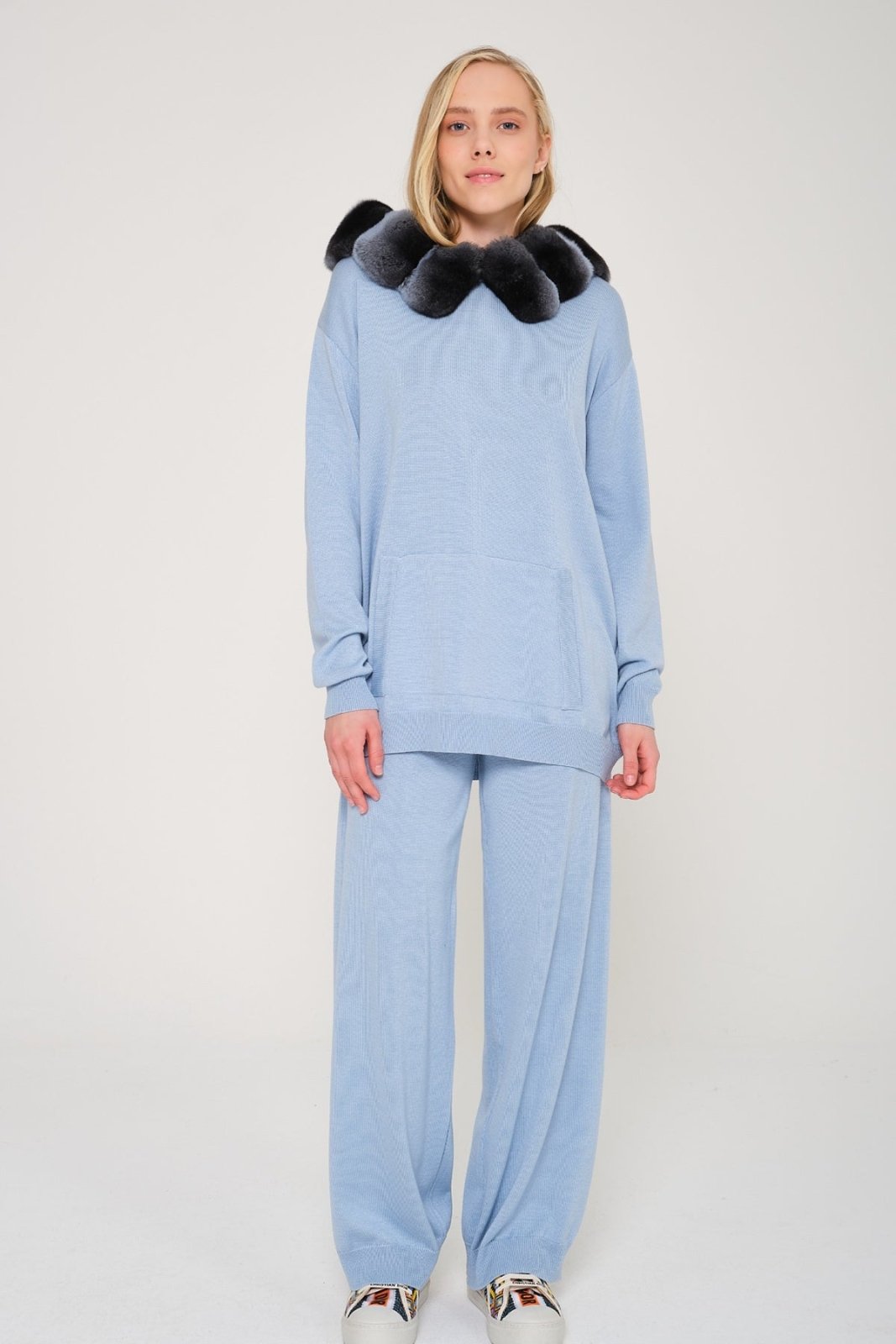 Baby Blue Chinchilla Fur Lined Hoodie & Pants Set - ADAMO